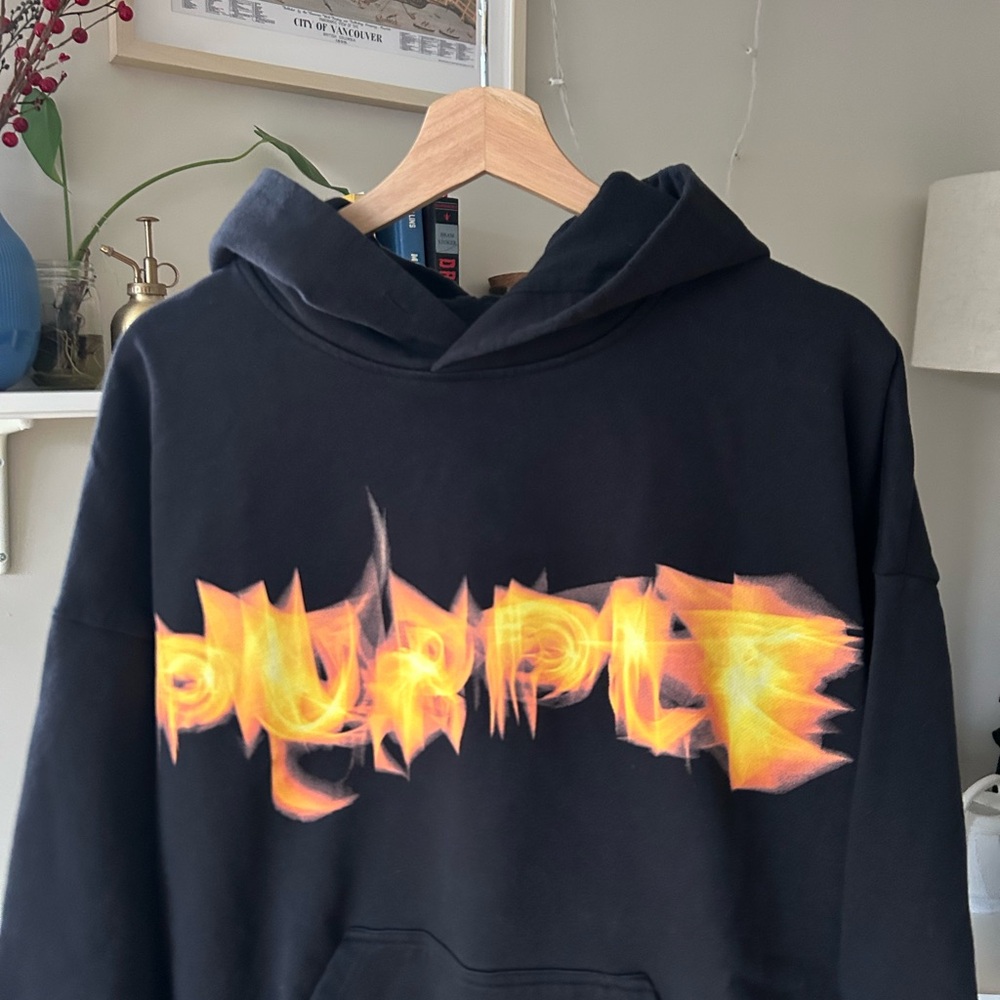Purple Brand Black Hoodie with a Flame Spelling Graphic - Picture 1 of 7